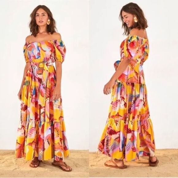 FARM Rio Neon Macaws Puff Sleeve Belted Cotton Maxi Dress - Picture 1 of 12